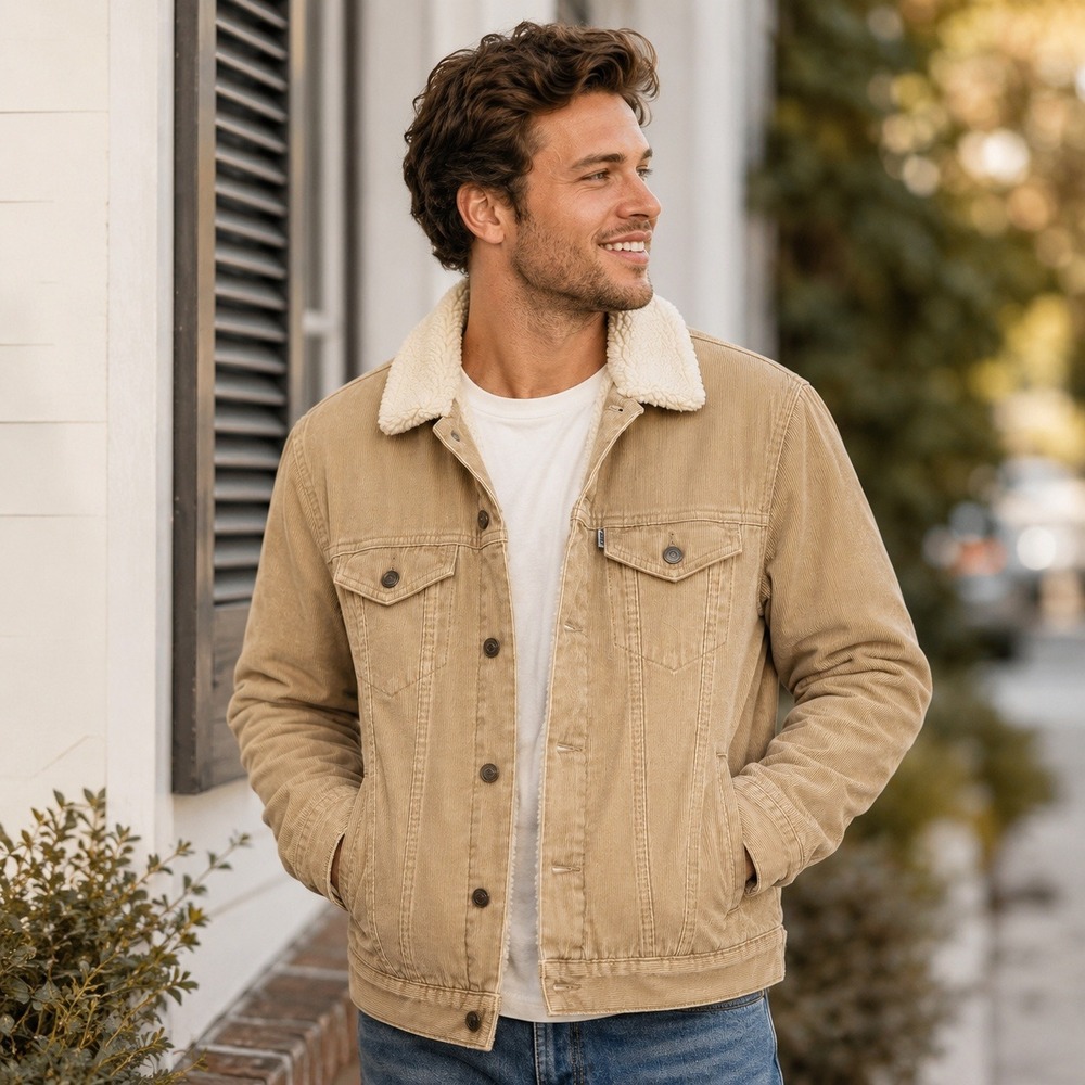 Levis Trucker Jacket Corduroy Sherpa Lined Mens Tan M Classic Outerwear - Picture 1 of 12